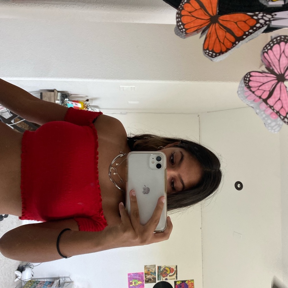 bright red off the shoulder stretchy top